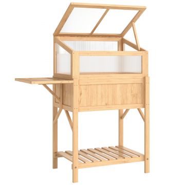 Outsunny Pat înălțat cu capotă pentru mini-seră din lemn jardinieră cu seră pliabilă masă laterală raft lemn natural | Aosom Romania