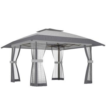 Outsunny Pavilion 4x4m Impermeabil Reglabil pe înălțime Pop-up Pavilion pliant cu dublu acoperiș 4 laterale din plasă, UV 30+Gri deschis | Aosom Romania