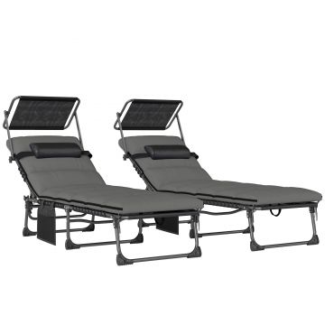 Outsunny Set de 2 șezlonguri pliante cu copertină, șezlonguri înclinabile cu pernă, buzunar lateral și mâner de transport, gri închis | Aosom Romania