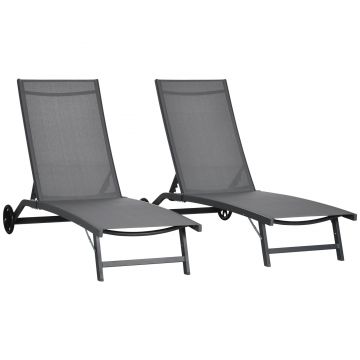 Outsunny Set de 2 Șezlonguri Rabatabile pe 5 Niveluri, Șezlonguri din Aluminiu și Țesătură Respirabilă, 66x165x102 cm, Albastru | Aosom Romania