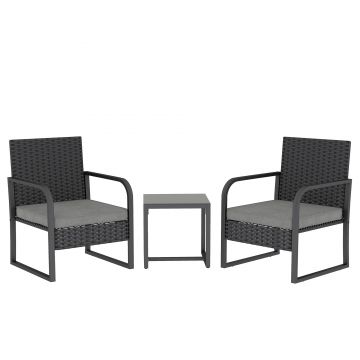 Outsunny Set de Grădină 3 Piese din Rattan PE și Oțel, Set cu 2 Fotolii cu Perne Lavabile și Măsuță de Cafea cu Blat din Sticlă, Set de Mobilier pentru Balcon, Terasă sau Curte, Gri Închis și Negru | Aosom Romania