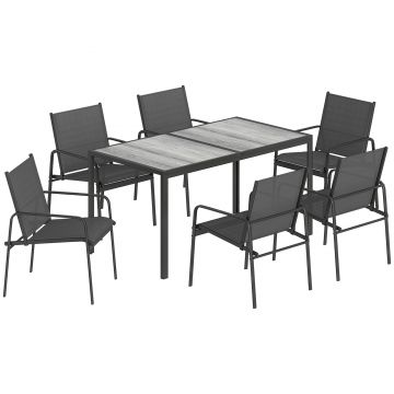 Outsunny Set mobilier de grădină - grup de șezut cu masă 150 x 80cm și 6 scaune respirabile, aspect lemn, cadru din oțel, Negru | Aosom Romania