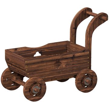 Outsunny Strat Înălțat pentru Grădină în Formă de Cărucior cu 4 Roți și Mâner, Ghiveci din Lemn de Molid cu Găuri de Drenaj, pentru Balcon, Terasă, 68x38x52 cm, Finisaj Carbonizat | Aosom Romania