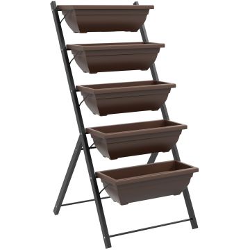 Outsunny Suport pentru Plante Vertical cu 5 Niveluri și 5 Ghivece cu Găuri de Drenaj, Suport din Oțel și Plastic, 55x63x120 cm, Maro | Aosom Romania