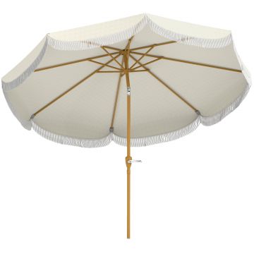 Outsunny Umbrelă Boho de Ø2.7 m pentru Exterior cu Protecție UV30+, Manivelă Manuală și Acoperiș Dublu cu Franjuri Bej | Aosom Romania