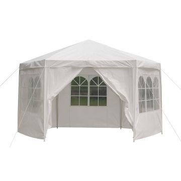 Pavilon gradina cu structura metalica, 6 pereti laterali detasabili, alb, 378x330x260 cm