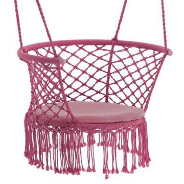Scaun rotund tip leagan suspendat pentru casa sau gradina, cu franjuri, 150kg, cu perna, roz