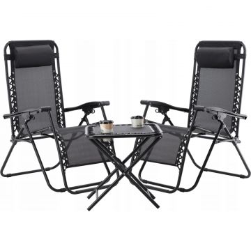 Set 2 sezlonguri pliabile 90x65x110 cm cu masuta 50x50x50 cm, textilene si cadru metalic, negru