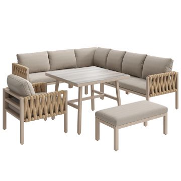 Set de mobilier de grădină cu canapea de colț și blat de masă din sticlă securizată, Bej | Aosom Romania