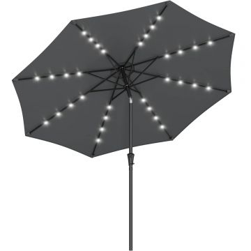 Umbrela de gradina, iluminare LED solara, cu manivela pentru deschidere, sistem inclinare, 300cm, gri