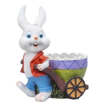 Decoratiune Gradina, Model Iepure cu Carucior, Suport pentru Flori, Rasina, Inaltime 23 cm, Alb