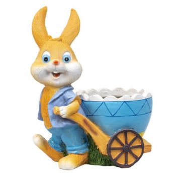 Decoratiune Gradina, Model Iepure cu Carucior, Suport pentru Flori, Rasina, Inaltime 23 cm, Galben