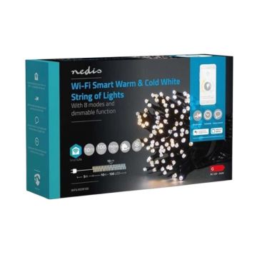 Ghirlanda Luminoasa Decorativa Smart Wi-Fi Nedis, 100 LED-uri, Lumina Alba Calda la Alba Rece, 10 m, Android / iOS