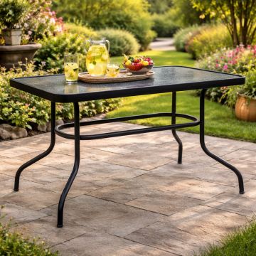 Masă grădină, Pako World, model Valor, metal și sticlă temperată, Negru, 110 x 60 x 70 cm