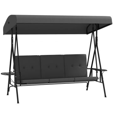 Outsunny Balansoar de grădină 3 locuri, confort sporit, acoperiș reglabil, 2 tăvi laterale, perne, oțel/poliester | Aosom Romania
