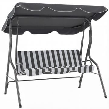 Outsunny Balansoar de grădină 3 locuri Copertină impermeabilă Înclinare reglabilă Perne Șezut Spătar gri, alb cu dungi | Aosom Romania