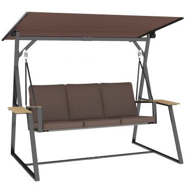 Outsunny Balansoar de Grădină cu 3 Locuri și Acoperiș Reglabil, Balansoar de Exterior din Metal cu Tăvi pentru Băuturi, Perne Imbătute, Capacitate 360kg, pentru Terasă sau Balcon, 222x131x175 cm, Maro | Aosom Romania