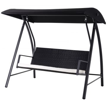 Outsunny Balansoar Hollywood 3 locuri din Polyrattan, balansoar de grădină cu copertină reglabilă, protecție solară, pernă de șezut, bancă suspendată, până la 360 kg, balansoar pentru grădină 198x124x179cm Negru | Aosom Romania