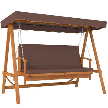 Outsunny Balansoar Hollywood cu copertină, balansoar de grădină din lemn masiv, bancă-leagăn cu funcție de șezlong, pentru 3 persoane, Maro | Aosom Romania
