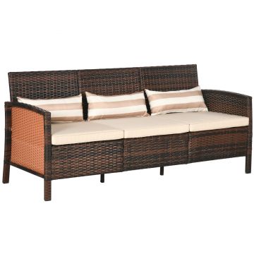 Outsunny Canapea de exterior cu 3 locuri, din ratan PE, cu perne confortabile și detașabile, 173x68x78 cm, maro | Aosom Romania