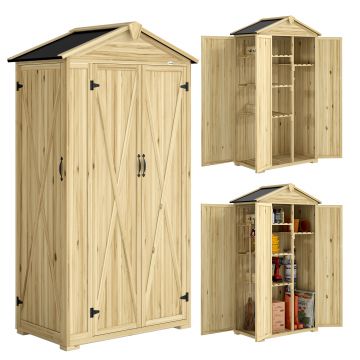 Outsunny Dulap de Grădină Căsuță pentru Unelte cu 3 Uși 93x53x168 cm Lemn Natural | Aosom Romania