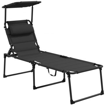 Outsunny Șezlong pliabil cu copertină, pernă pentru cap reglabilă din material Oxford 70 x 200 x 45 cm, negru | Aosom Romania