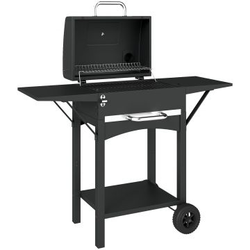 Outsunny Grătar pe cărbuni cu capac, BBQ Smoker cu 2 mese laterale, suprafață mare de gătit, grătar, termometru, roți | Aosom Romania