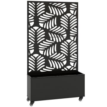 Outsunny Jardinieră Mare pentru Exterior cu Roți Panou de Intimitate cu Frunze de Monstera Cadru Metal 90x30x160 cm Negru | Aosom Romania