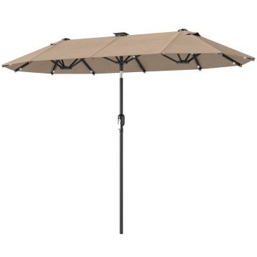 Outsunny Parasolar dublu 292 x 150 cm, umbrelă cu iluminare LED, manivelă, funcție de înclinare Khaki | Aosom Romania