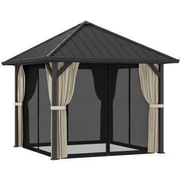 Outsunny Pavilion cu acoperiș solid 3 x 3 m, pavilion de grădină cu acoperiș metalic, cort de grădină impermeabil cu plasă și pereți laterali, Gri închis | Aosom Romania