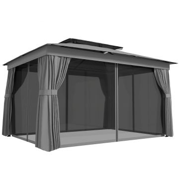 Outsunny Pavilion de Grădină 3,8x3 m cu Perdele, Plasă de Țânțari, Cârlige, Pavilion de Exterior cu Acoperiș Dublu, Orificii de Drenaj, Structură Metalică, pentru Grădină, Terasă, Petreceri, UV30+, Gri Închis | Aosom Romania