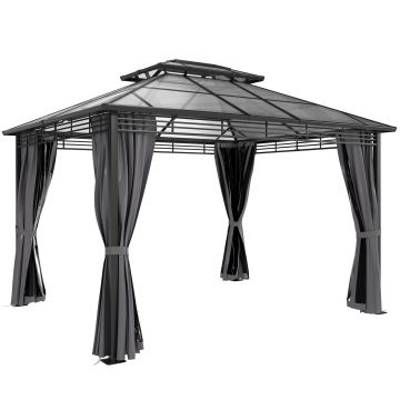 Outsunny Pavilion de grădină ca. 3,6x3m Pavilion din aluminiu cu dublu acoperiș din policarbonat de 6 mm, plasă de țânțari, 4 părți laterale, gri închis | Aosom Romania