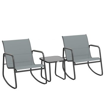 Outsunny Set Bistro din 3 Piese, Set de Grădină cu 2 Scaune de Exterior cu Mișcare de Legănare din Textilenă Respirabilă, Masă cu Blat din Sticlă, Set Masă și Scaune din Oțel pentru Terasă și Balcon, Gri | Aosom Romania