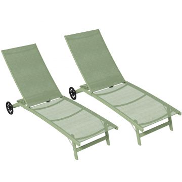 Outsunny Set de 2 șezlonguri din aluminiu și textilenă cu roți spătar rabatabil sarcină max. 150 Kg verde închis | Aosom Romania