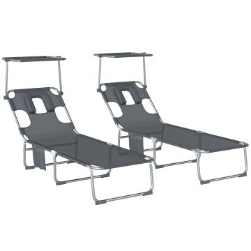 Outsunny Set de 2 șezlonguri pliante reclinabile cu copertină 360°, orificiu facial, buzunar lateral și Textilene 550 g/m² Gri | Aosom Romania