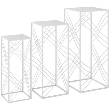 Outsunny Set de 3 suporturi pentru plante, 50/60/70 cm înălțime, suport pentru flori stivabil, etajer metalic, Alb | Aosom Romania