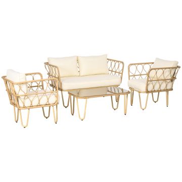 Outsunny Set de grădină canapea 2 locuri + 2 fotolii + 1 masă de cafea cu blat din sticlă securizată 7 perne ecru | Aosom Romania