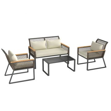 Outsunny Set mobilier de grădină din polyrattan pentru 4 persoane, rezistent la intemperii, set balcon cu canapea 2 locuri, 2 scaune, masă cu sticlă, perne Bej | Aosom Romania