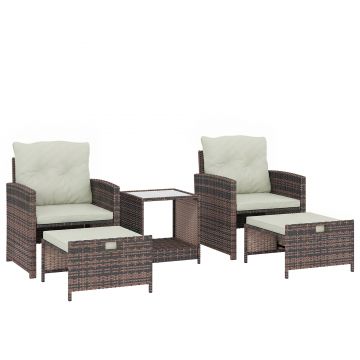 Outsunny Set mobilier ratan 5 piese set mobilier balcon cu 2 scaune perne taburet masă cu spațiu de depozitare Cremă | Aosom Romania