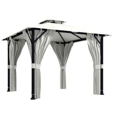 Outsunny Tonnelă de grădină exterior 3x3m pavilion de grădină, acoperiș dublu, draperii, cârlige pentru tavan, cadru metalic, crem | Aosom Romania
