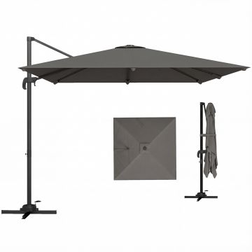 Outsunny Umbrelă de Grădină Decentralizată cu Manivelă 3x3m, Înclinabilă, Rotativă 360°, Umbrelă de Exterior Pătrată cu Bază Cruce, din Aluminiu, pentru Terasă sau Piscină, UV30+, Gri Închis | Aosom Romania