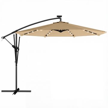 Outsunny Umbrelă excentrică cu lumini LED solare 330x295 cm umbrelă grădină cu bază în cruce manivelă husă de protecție kaki | Aosom Romania