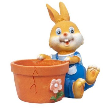 Set 2 x Decoratiune pentru Gradina, Iepure cu Ghiveci pentru Flori, Inaltime 17 cm, Rasina, Galben