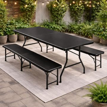 Set masa cu 2 banci pliabile tip valiza pentru gradina, camping sau evenimente, 180x70x74cm, negru