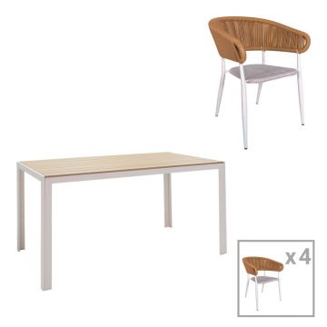 Set Masă de Grădină si 4 Scaune Nares-Raven A, alb/natural, 140x80x72.5 cm