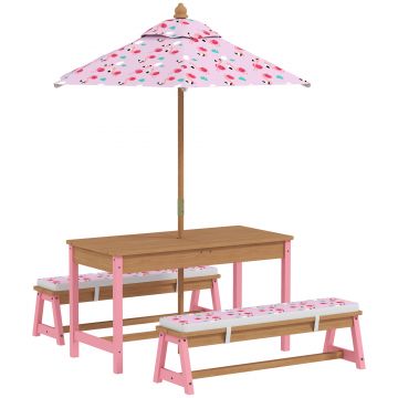 AIYAPLAY Masă de picnic pentru copii cu bănci, perne, umbrelă pliabilă, cutii de depozitare detașabile, model flamingo, roz | Aosom Romania