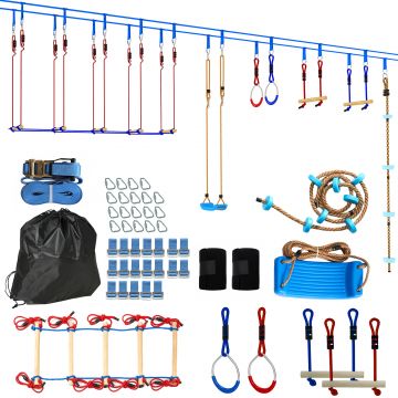AIYAPLAY Ninja Line Set Slackline copii 24 m cu inele gimnastice, 7 obstacole, bară de cățărat, pod de echilibru pentru 3-6 ani Roșu+Albastru | Aosom Romania