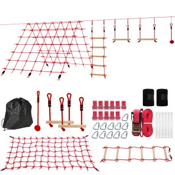 AIYAPLAY Ninja Line Set Slackline pentru copii 10 m cu inele, leagăn, scară de cățărat și plasă de cățărat pentru 3-6 ani 1000x300x180 cm Roșu | Aosom Romania