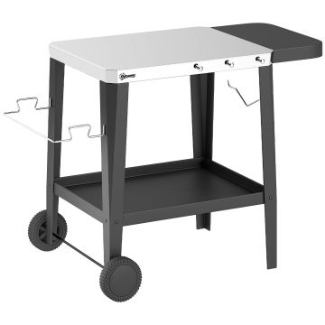 Outsunny Cărucior de bucătărie cu roți cărucior de servire cu cârlige, suport pentru role de hârtie și prosoape, oțel inoxidabil, 115 x 67,5 x 80,5 cm Negru | Aosom Romania