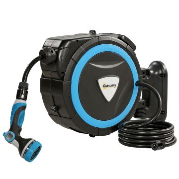 Outsunny Derulator Furtun Udare Montat pe Perete 14+1,5 m cu Blocare și Adaptoare, Rotativ 180°, 12 Moduri, 49x15x37cm, Albastru | Aosom Romania